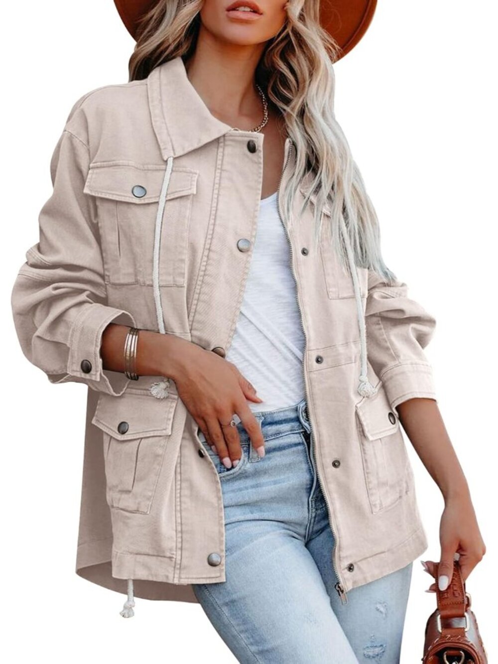 〽️Women's Beige Cotton Military Anorak Zip Up Safari Utility Lightweight Coat